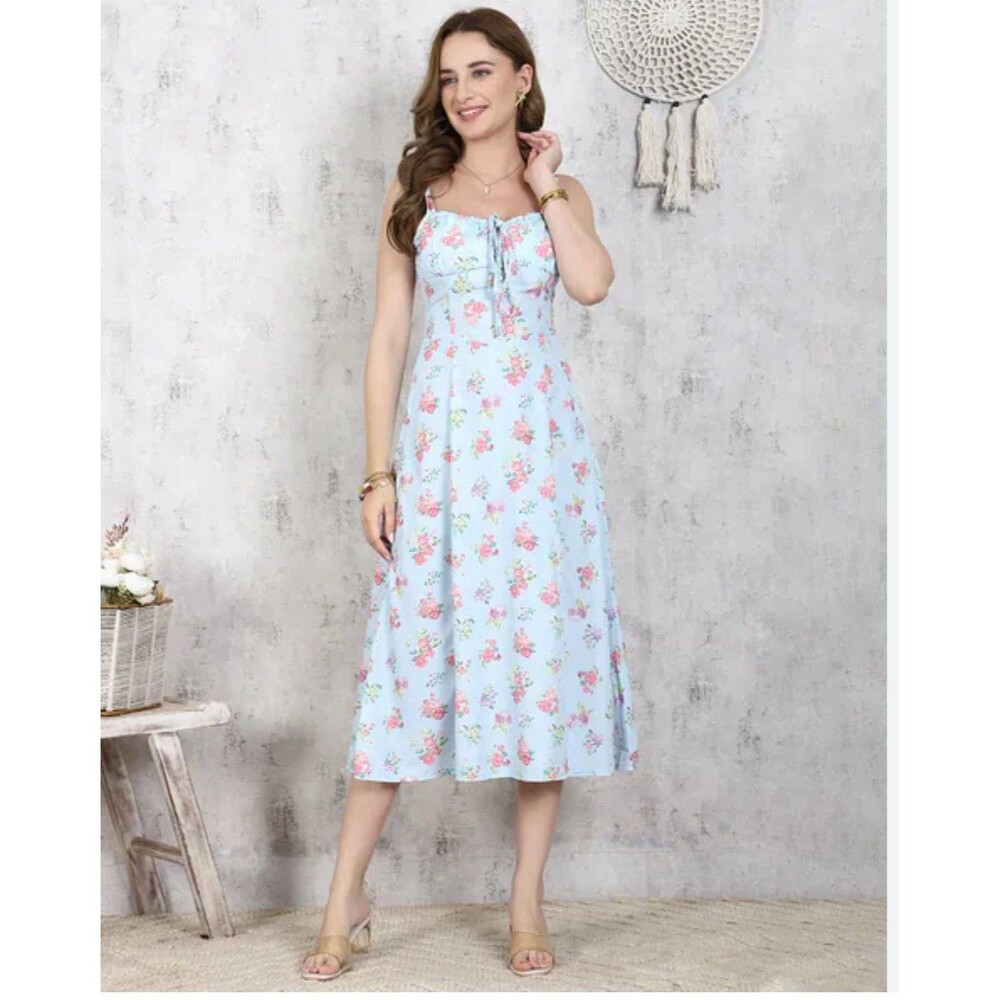 SHEIN Strappy Sleeve Floral Print Corset Split Thigh Dress Sz L Milkmaid Fairie